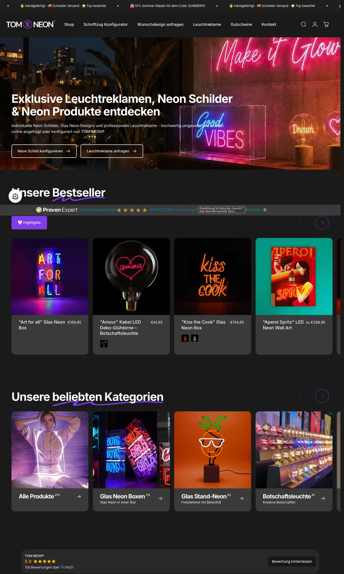 Onlineshop Tom Neon mit Konfigurator